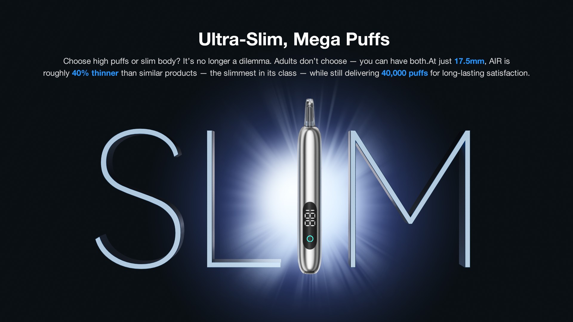 Front-edge view of the ALD AIR showing its 17.5mm ultra-slim body and 40,000-puff positioning.