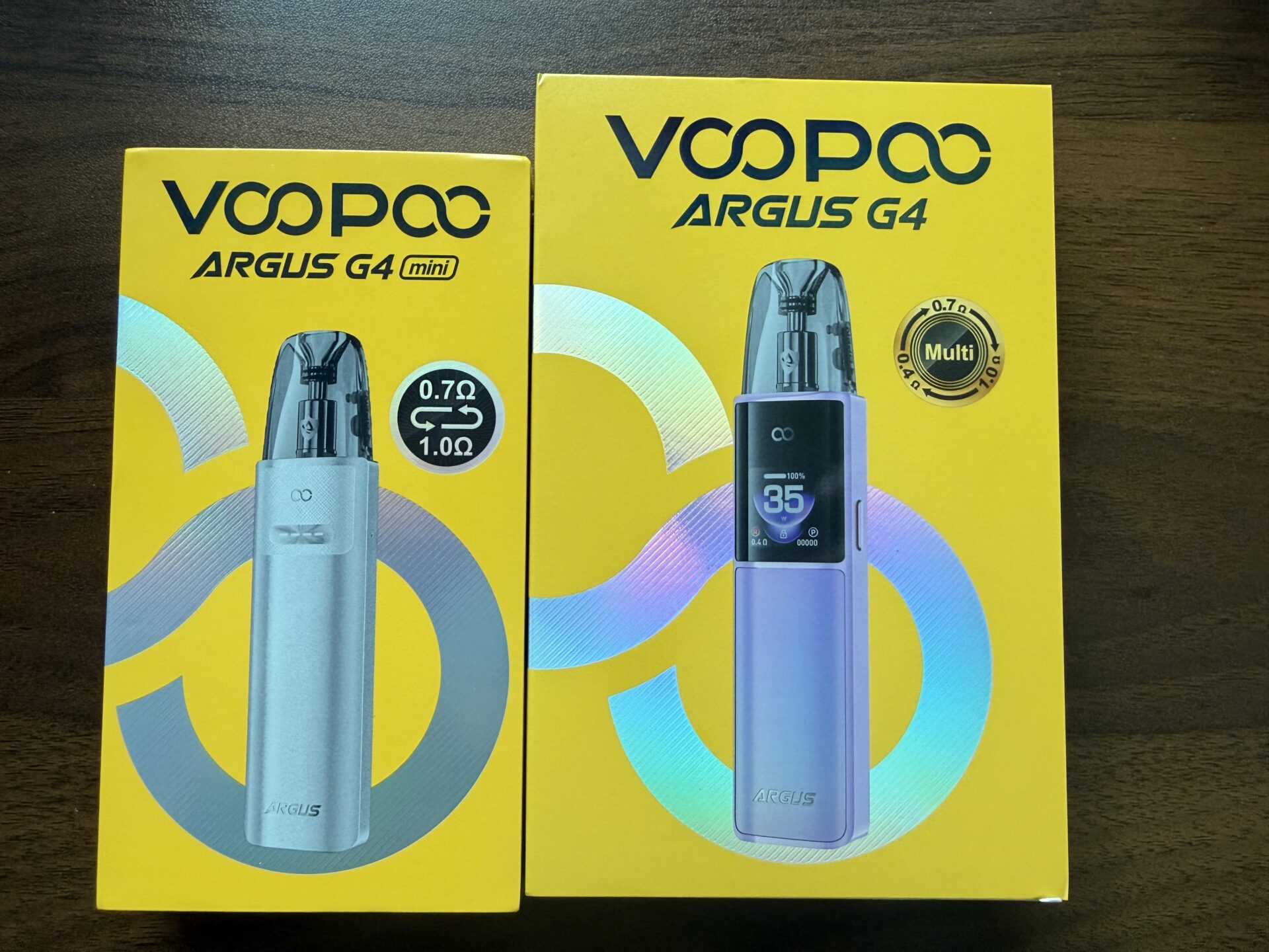 VOOPOO ARGUS G4 and ARGUS G4 Mini retail boxes shown side by side