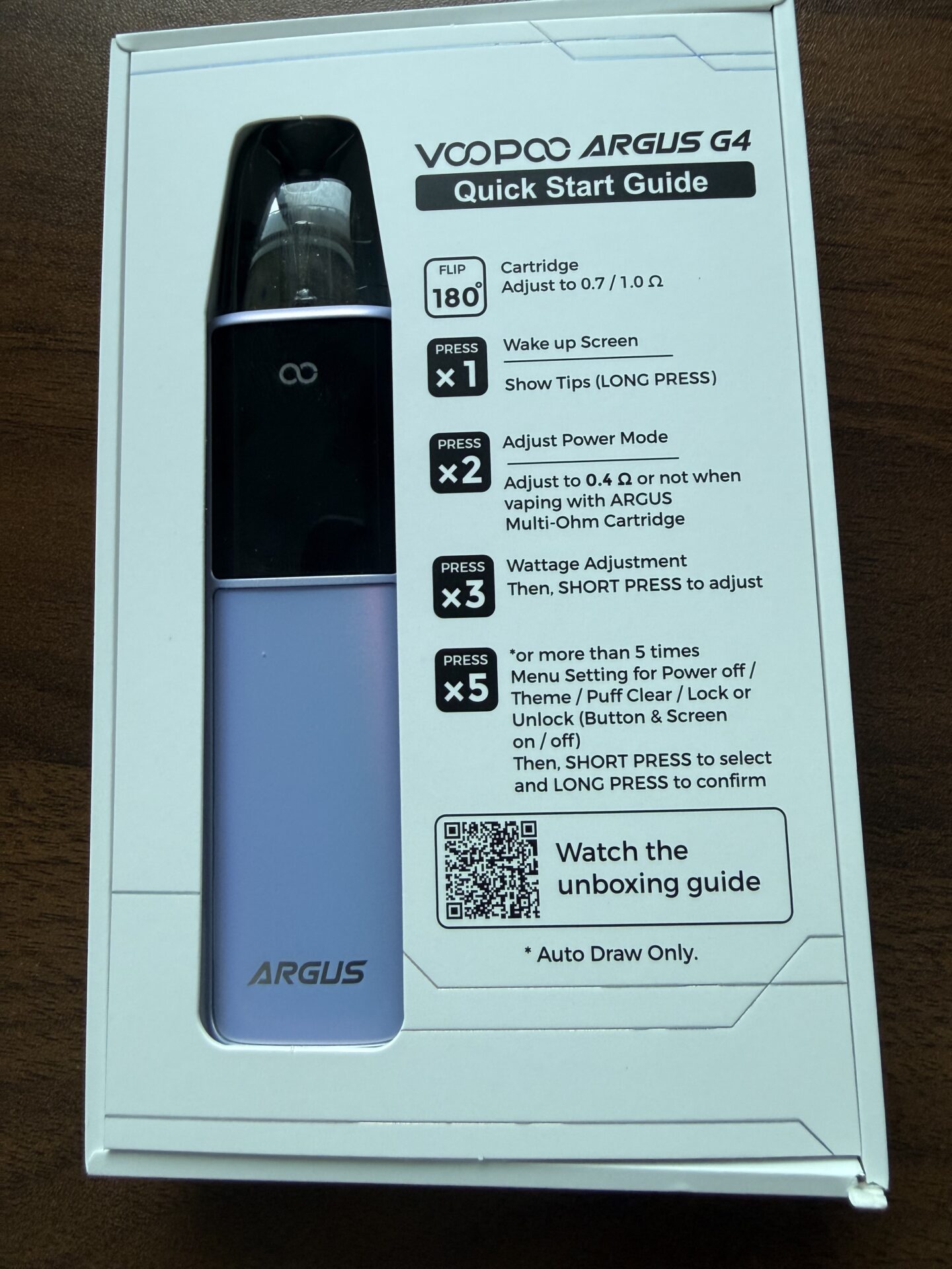 VOOPOO ARGUS G4 quick start guide showing cartridge flip and power controls