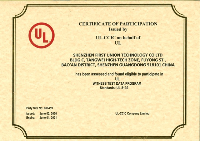 Firstunion laboratory certified by UL Witness Test Data Program (WTDP)