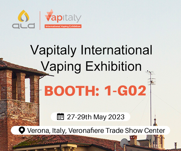 ALD vapitaly international vaping exhibition booth: 1-G02 May 2023, Verona, Italy, Veronafier Trade Show Center