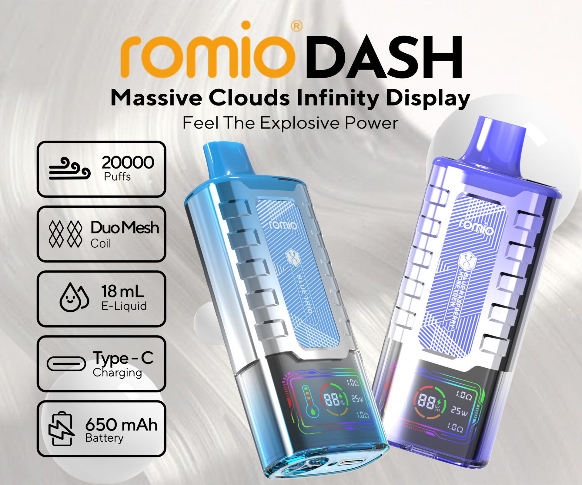 romio dash massive clouds infinity display 20000 puffs, duo mesh coil , 18ml e-liquid, type c charging, 650mah battery