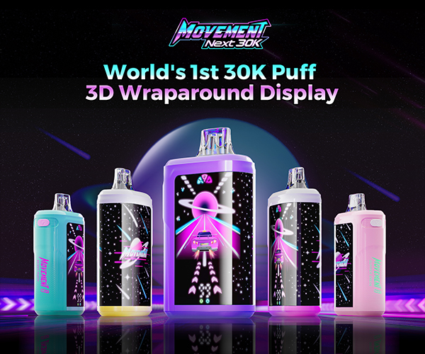 movement next 30k, world first 30k puff disposable vape, with 3D wraparound display
