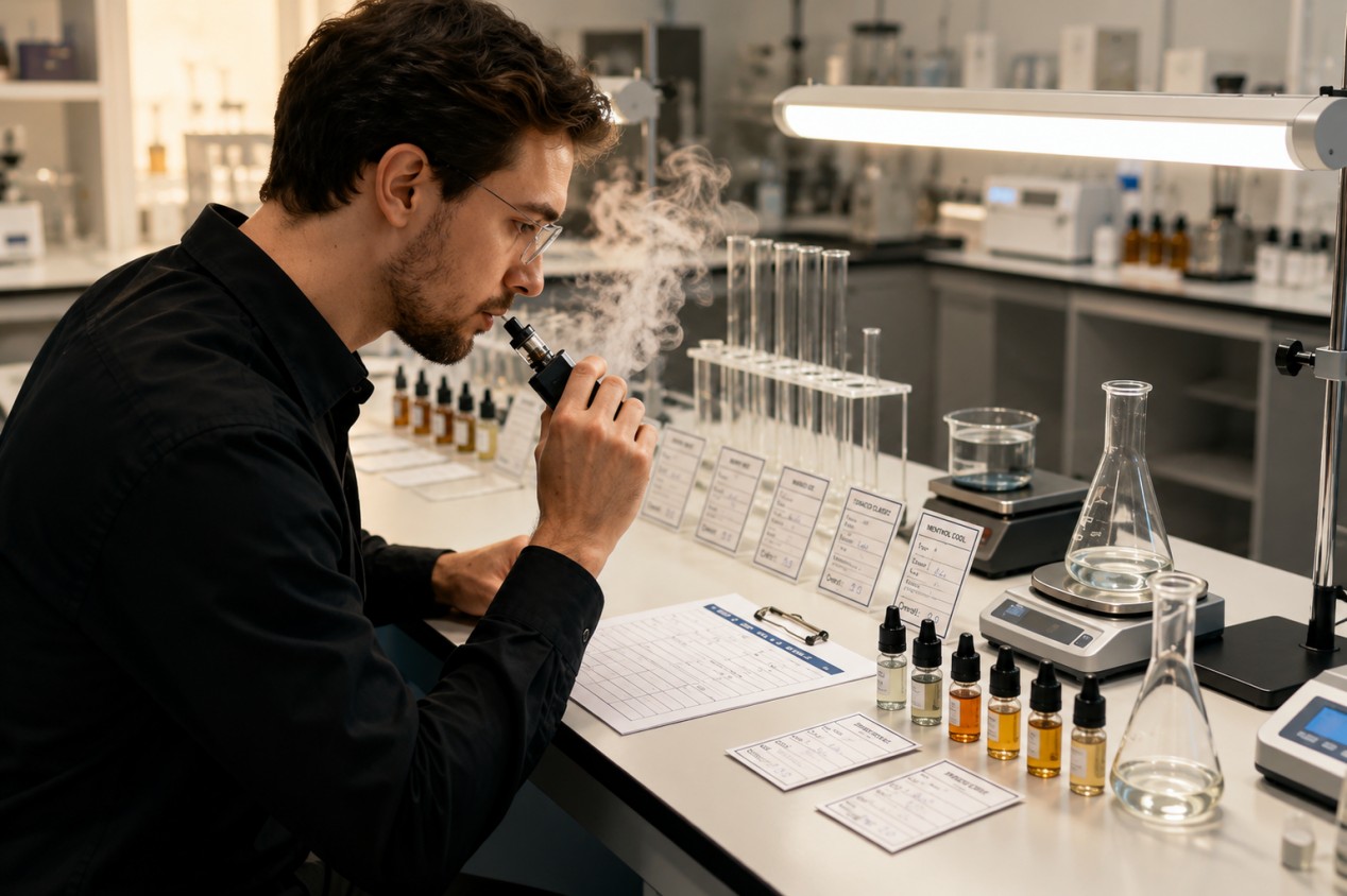 Researcher testing vapor in an e-liquid laboratory