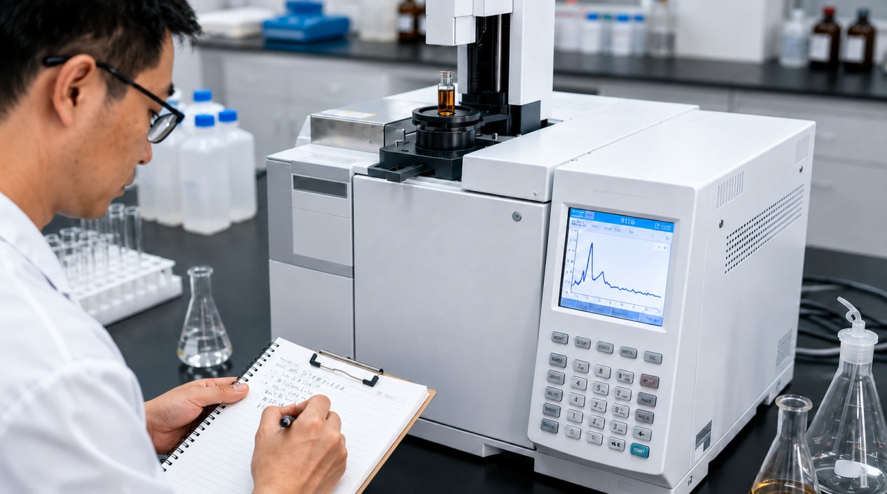 Technician using chromatography equipment for e-liquid quality control