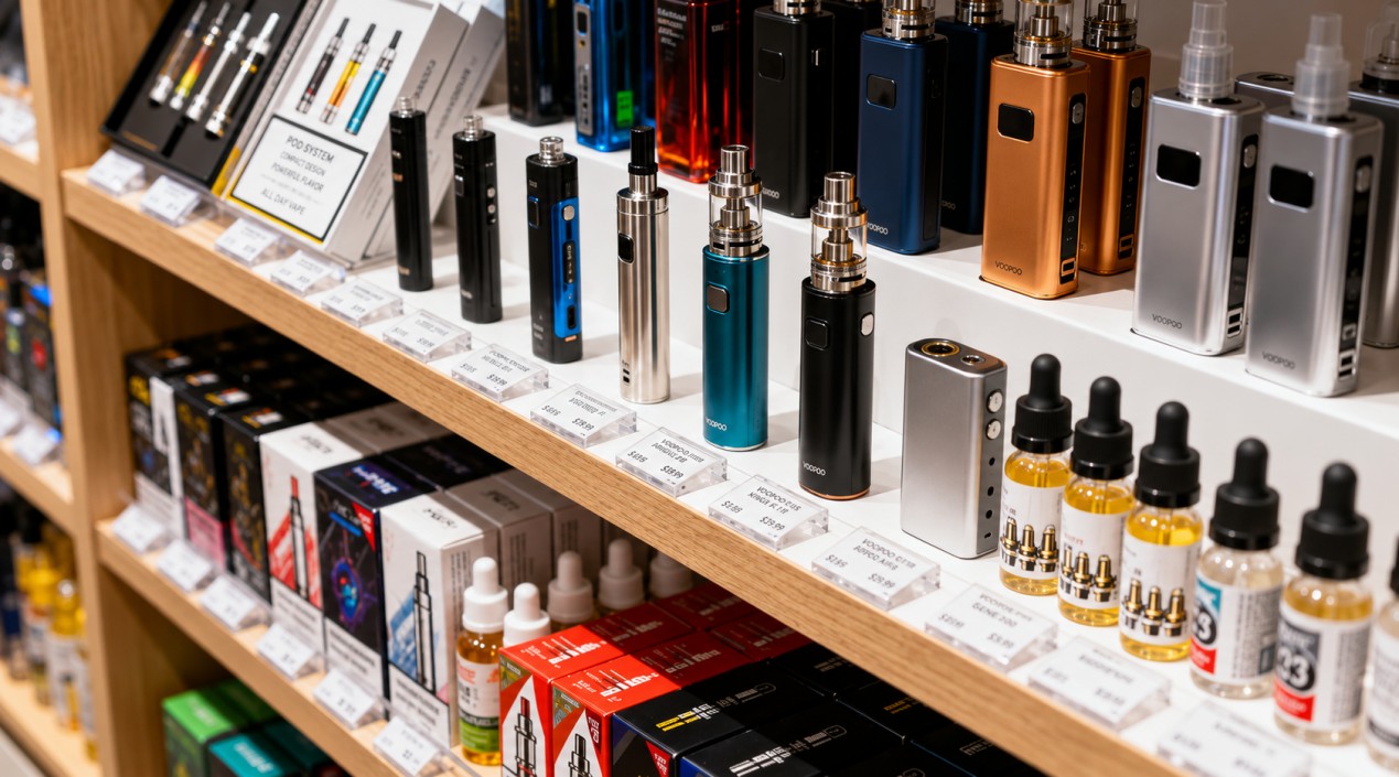 Vape devices and e-liquid products displayed in a retail store