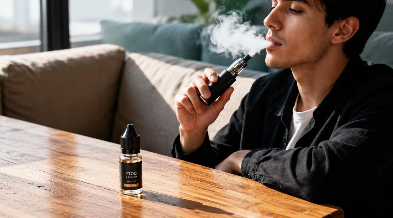 Consumer vaping beside a YTOO e-liquid bottle
